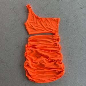 SHEIN Unity Neon Orange One-Shoulder Cutout Ruched Bodycon Mini Dress